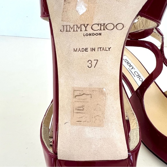 JIMMY CHOO Ivette Burgundy Patent Leather Double Side Buckle Heel Sandals Sz 37 - Picture 11 of 11